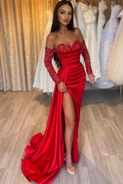 Charming Red Long Sleeves Sweetheart Mermaid Satin Prom Dresses with Split - YESBABYONLINE