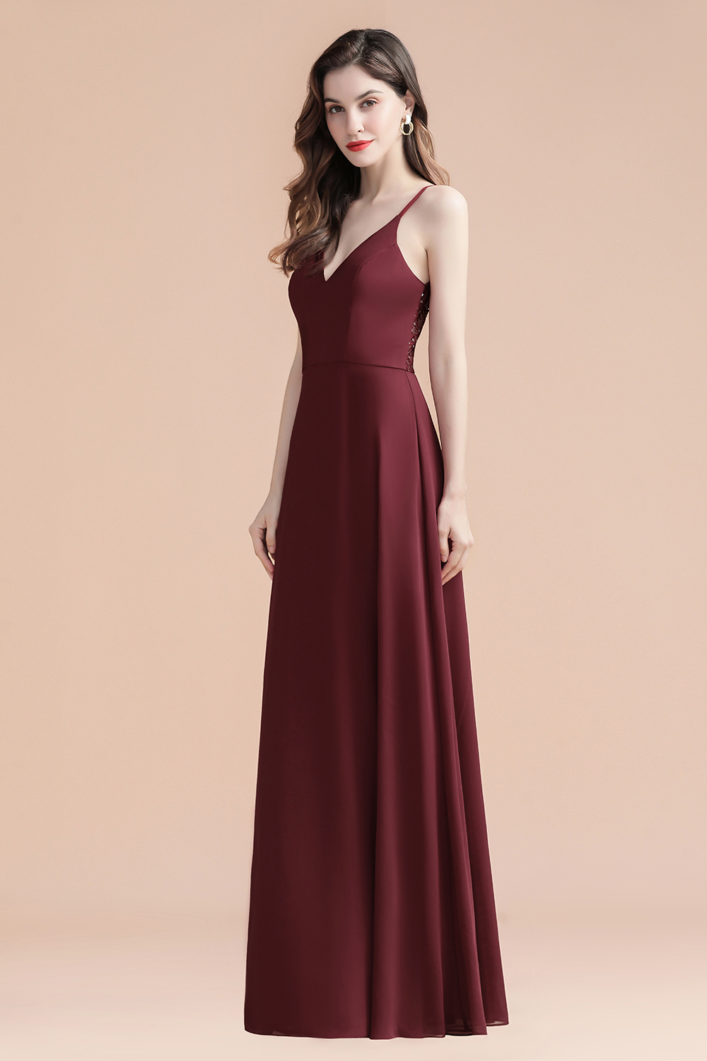 Elegant Long A-line V-Neck Chiffon Backless Bridesmaid Dresses - YESBABYONLINE