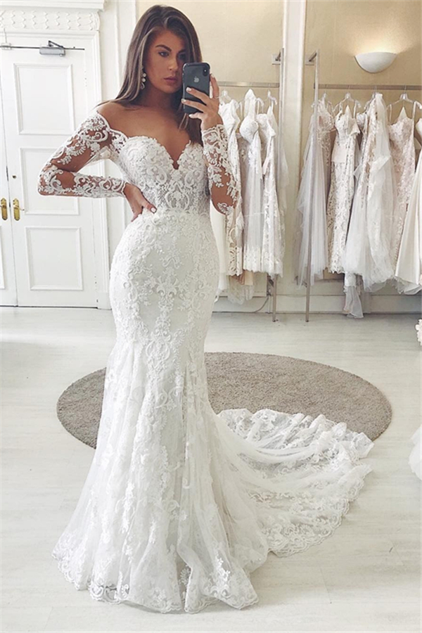 Long Sleeves Off the Shoulder Tulle Applique Lace Mermaid Wedding Dresses - YESBABYONLINE