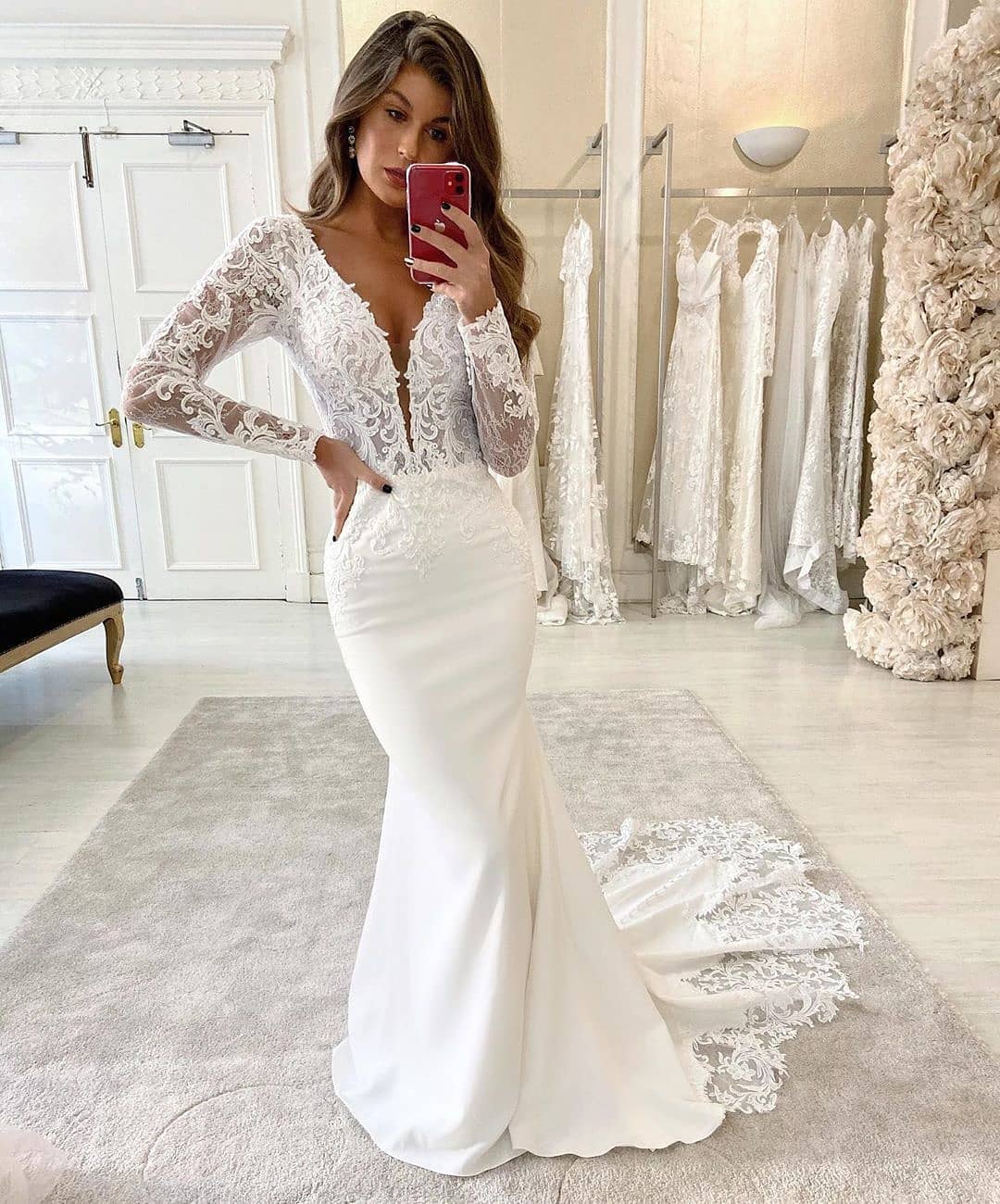 Long Memaid V Neck Satin Applique Lace Wedding Dresses with Sleeves - YESBABYONLINE