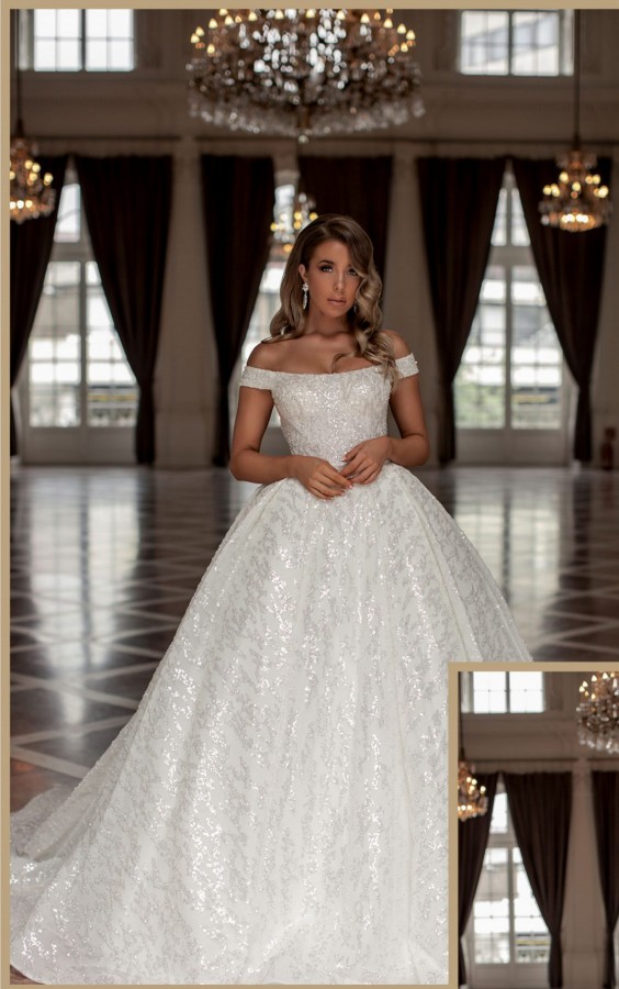 Long Ball Gowns Off the shoulder Glitter Tulle Wedding Dresses - YESBABYONLINE