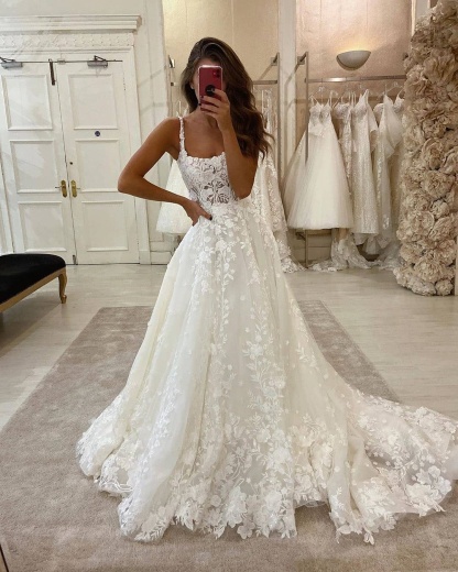 Sexy Long Spaghetti Strap Lace A Line Floor Length Tulle Wedding Dresses - YESBABYONLINE