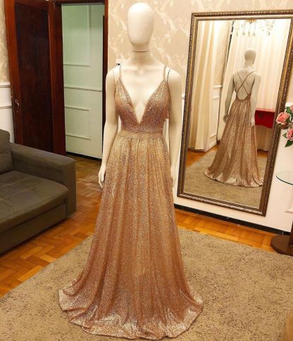 Gold Long A-line V-neck Sequined Backless Prom Dresses - YESBABYONLINE