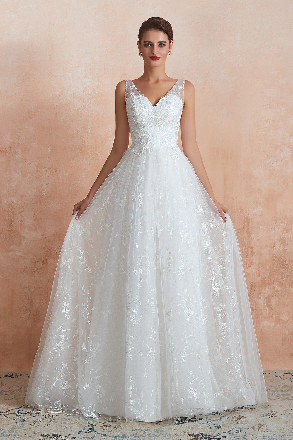 Long A-line V-neck Tulle Lace Floor Length Sleeveless Wedding Dresses - YESBABYONLINE