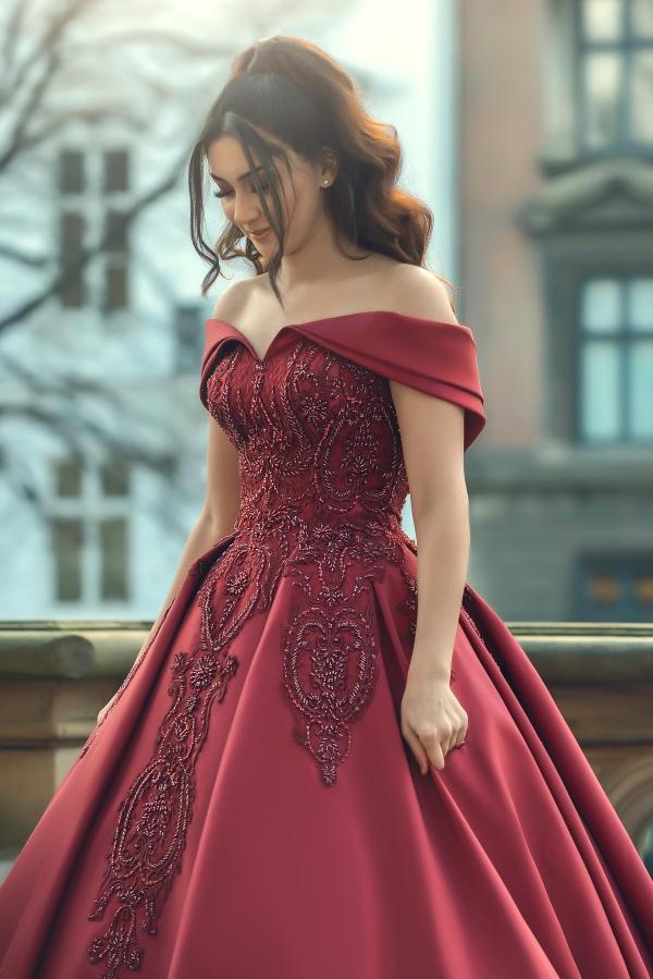 Long Off the Shoulder Satin Ball Gown Wedding Dress with Appliques Lace - YESBABYONLINE