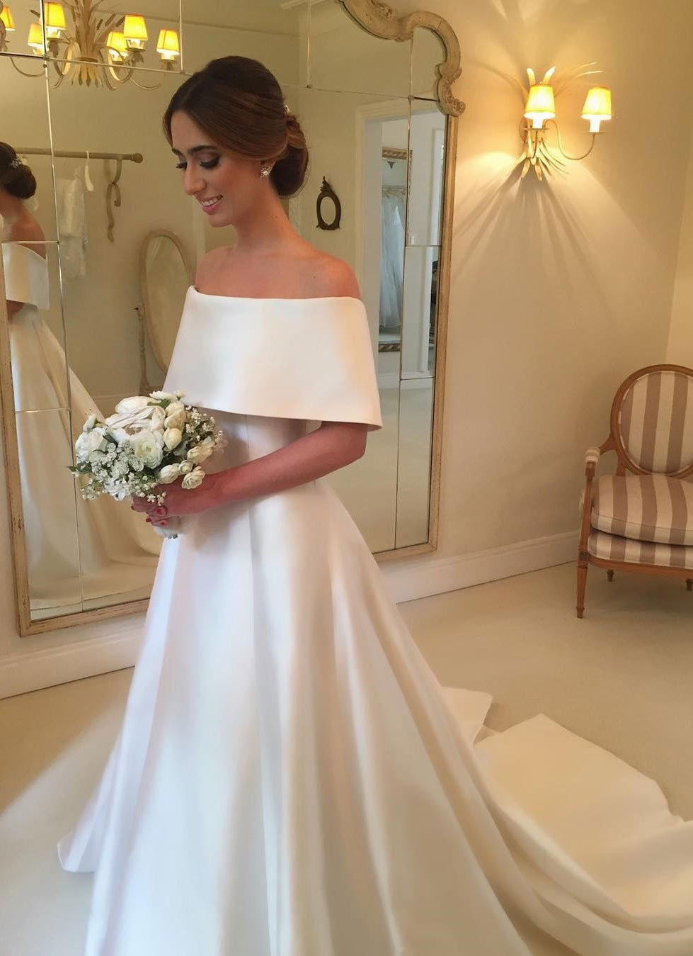 White Long Off-the-shoulder A-line Satin Wedding Dress - YESBABYONLINE