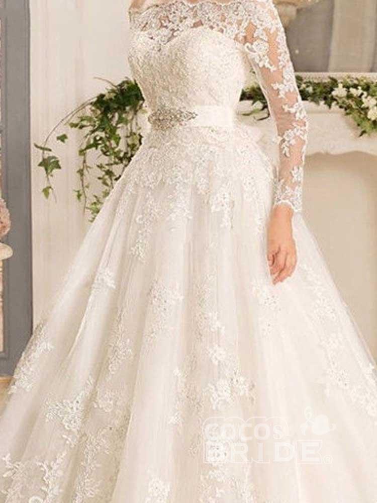 Classy Long Sleeves Off the Shoulder Appliques Lace A-Line Ruffles Wedding Dress - YESBABYONLINE