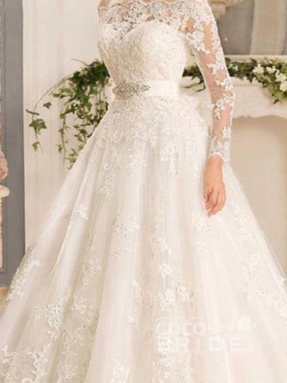 Classy Long Sleeves Off the Shoulder Appliques Lace A-Line Ruffles Wedding Dress - YESBABYONLINE