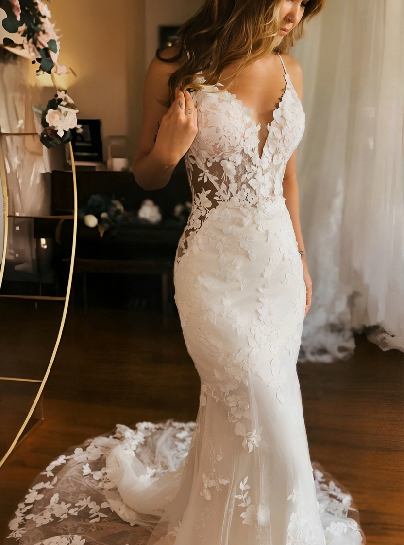 Sexy Long Spaghetti Straps V Neck Sleeveless Backless Mermaid Lace Wedding Dresses