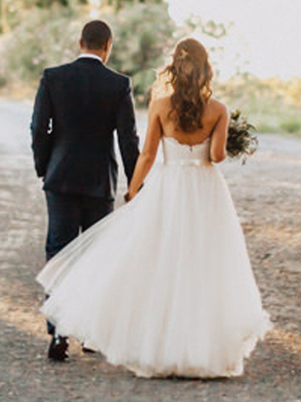 Long A-line Sweetheart Floor-Length Tulle Sleeveless Wedding Dresses - YESBABYONLINE