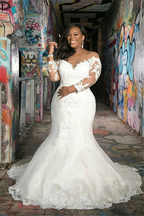 Plus Size Long Sleeves Mermaid Off the Shoulder Tulle Applique Lace Wedding Dresses - YESBABYONLINE