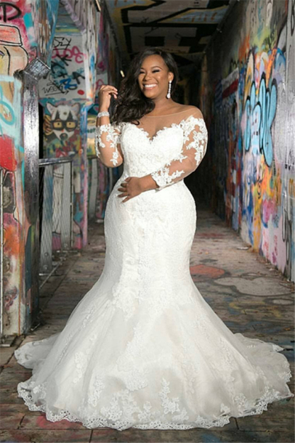 Plus Size Long Sleeves Mermaid Off the Shoulder Tulle Applique Lace Wedding Dresses - YESBABYONLINE
