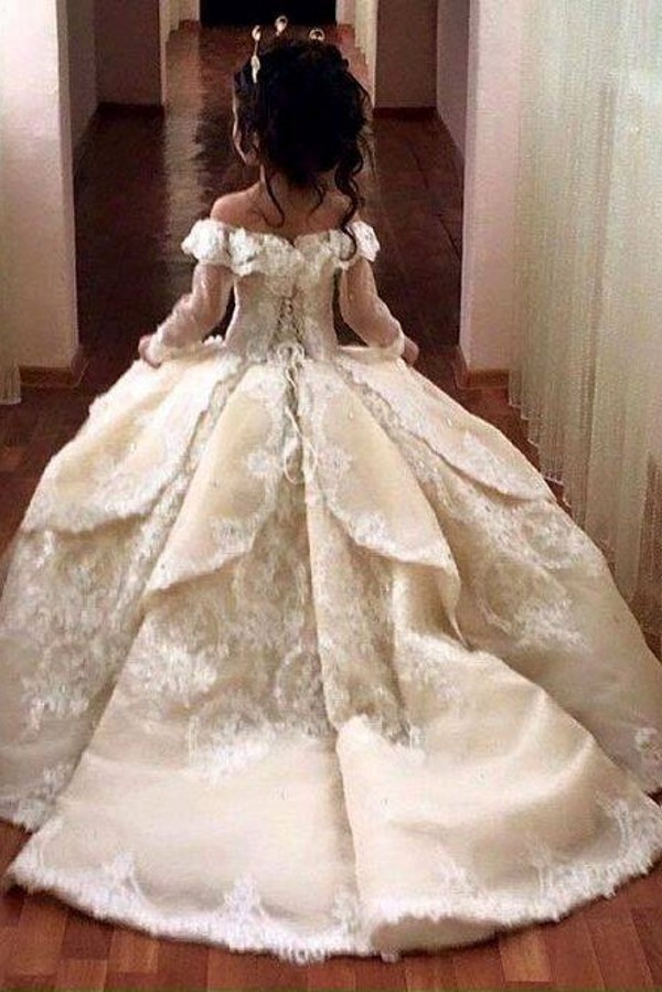 Luxury Long Ball Gown Off The Shoulder Flower Girl Dresses with Sleeves - YESBABYONLINE