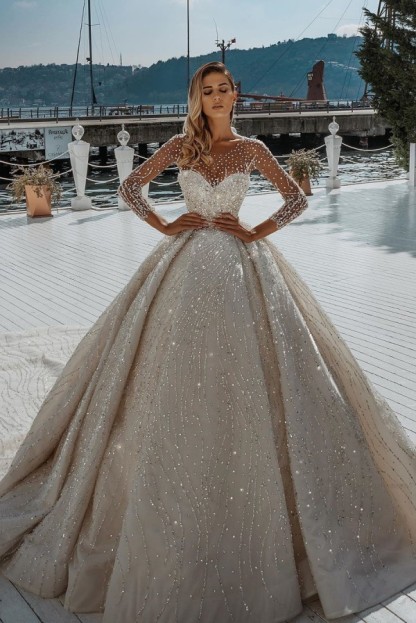 Sparkly Long Sleeves Sweetheart Sequin Satin Tulle Ball Gown Wedding Dresses - YESBABYONLINE