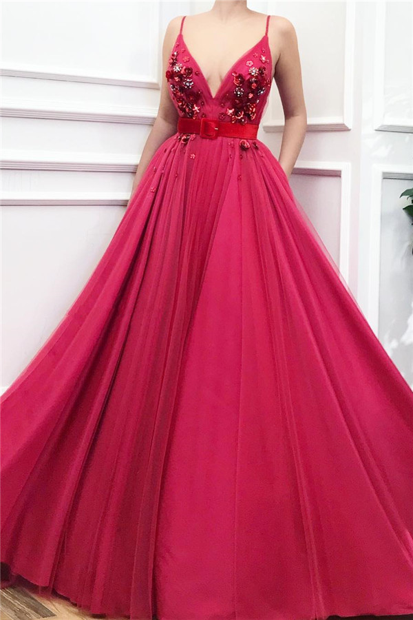 Long A-line Spaghetti Strap V Neck Tulle Formal Prom Dresses - YESBABYONLINE