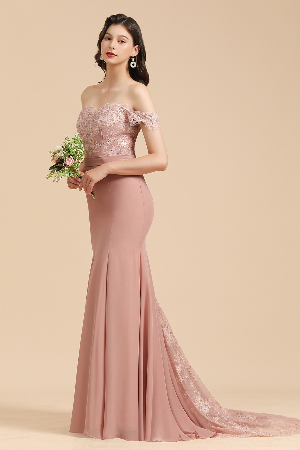 Long Off the Shoulder Floral Lace Appliques Mermaid Bridesmaid Dress - YESBABYONLINE