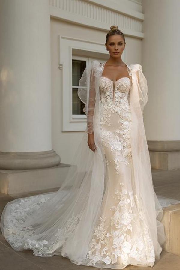 Long Sweetheart Sleeveless Tulle Lace Mermaid Wedding Dress with Train - YESBABYONLINE