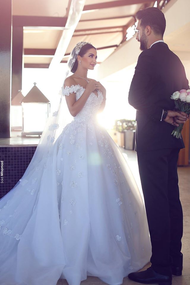 Long Ball Gown Off-the-Shoulder Satin Appliques Lace Backless Wedding Dresses - YESBABYONLINE