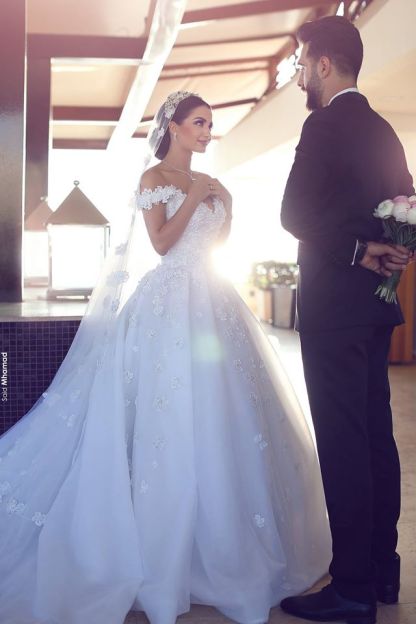 Long Ball Gown Off-the-Shoulder Satin Appliques Lace Backless Wedding Dresses - YESBABYONLINE