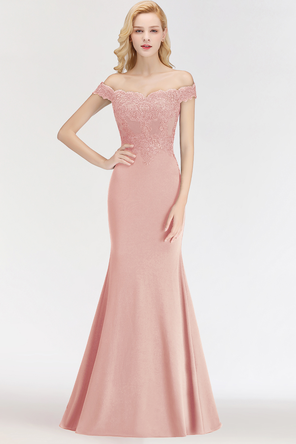 Elegant Long Mermaid Off The Shoulder Satin Appliques Lace Floor Length Bridesmaid Dresses - YESBABYONLINE