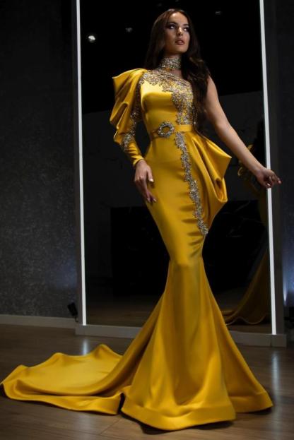 Sexy Yellow Long One Shoulder Satin Mermaid Prom Dress with Sleeves - YESBABYONLINE