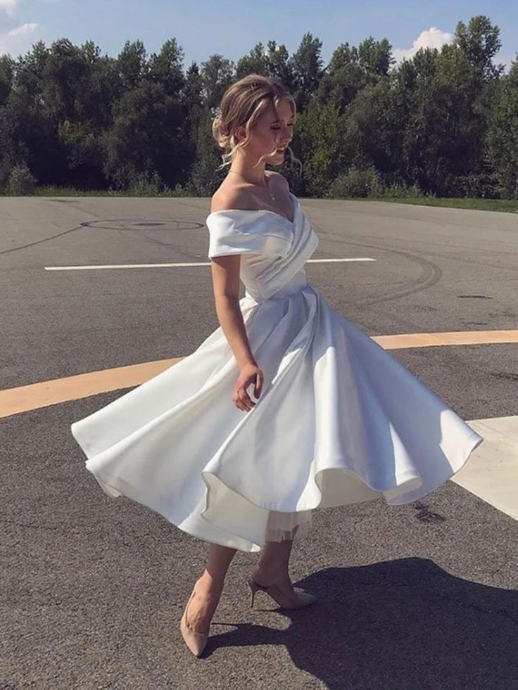 Elegant Short Off the Shoulder A-Line Tea-length Ruffles Satin Wedding Dress - YESBABYONLINE