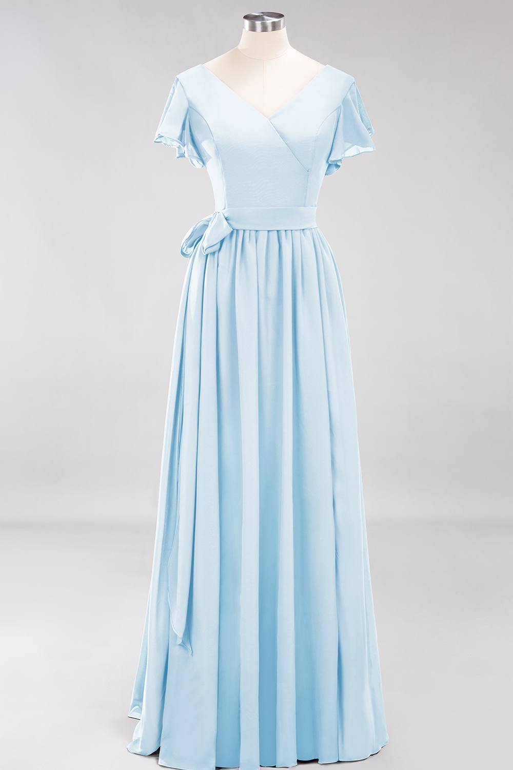 Elegant A-line V-Neck Short Sleeves Floor-Length Bridesmaid Dresses with Bow Sash - YESBABYONLINE