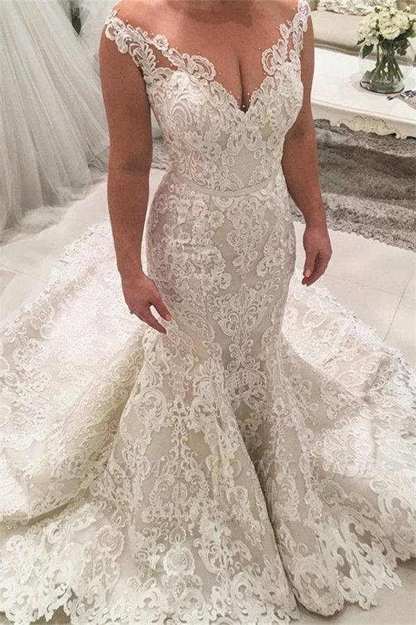 Elegant Long Mermaid V-neck Tulle Lace Applique Weddding Dresses - YESBABYONLINE