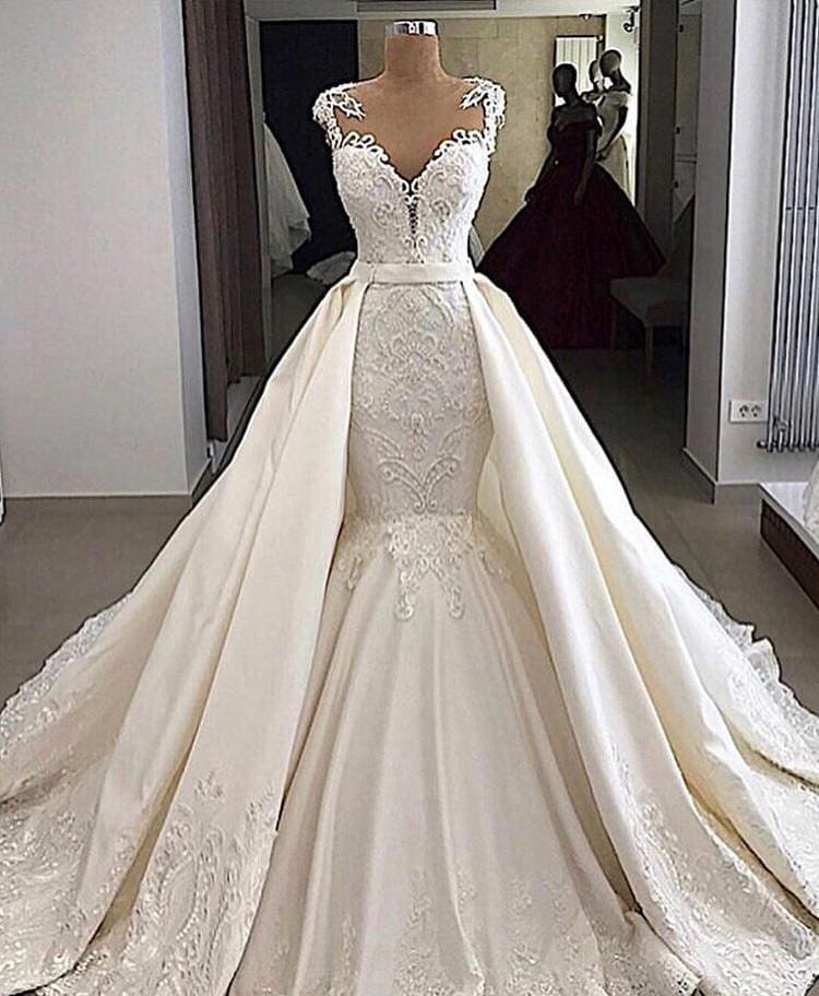 Long Mermaid V-neck Satin Lace Wedding Dresses with Detachable Train - YESBABYONLINE
