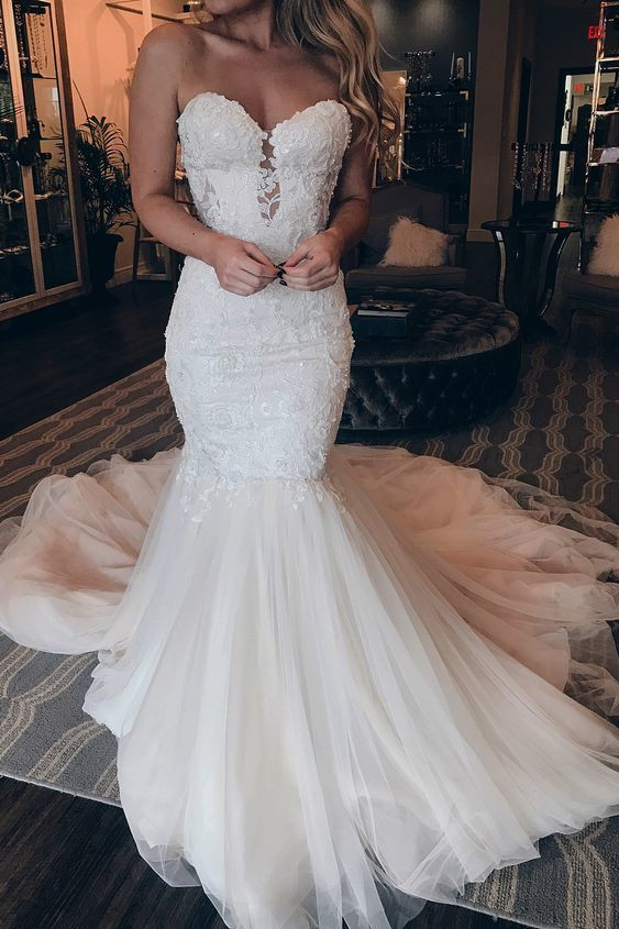 Long Mermaid Sweetheart Tulle Lace Wedding Dresses - YESBABYONLINE