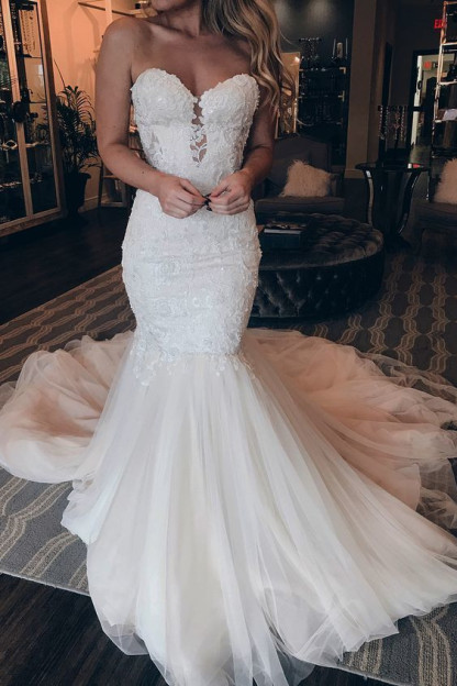 Long Mermaid Sweetheart Tulle Lace Wedding Dresses - YESBABYONLINE