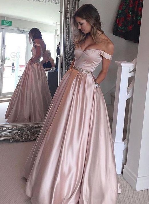 Long A-line Off the Shoulder Satin Formal Prom Dresses with Pockets - YESBABYONLINE