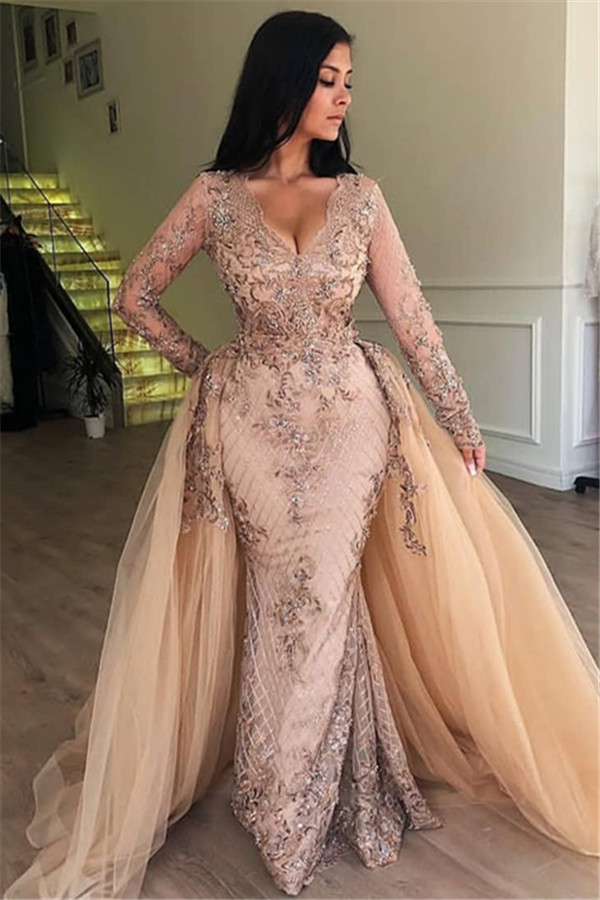 Luxurious Long Mermaid V-neck Tulle Lace Prom Dress with Sleeves - YESBABYONLINE