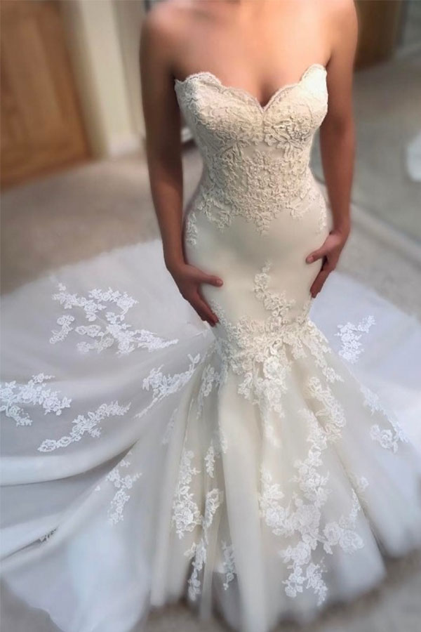 Glamorous Long Mermaid Sweetheart Tulle Lace Wedding Dresses - YESBABYONLINE