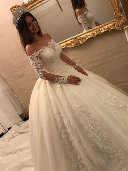 Long Ball Gown Off The Shoulder Tulle Applique Lace Wedding Dresses with Sleeves - YESBABYONLINE