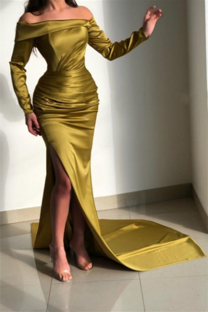 Stunning Off-The-Shoulder Long Sleeves Mermaid Satin Prom Dresses with Split - YESBABYONLINE