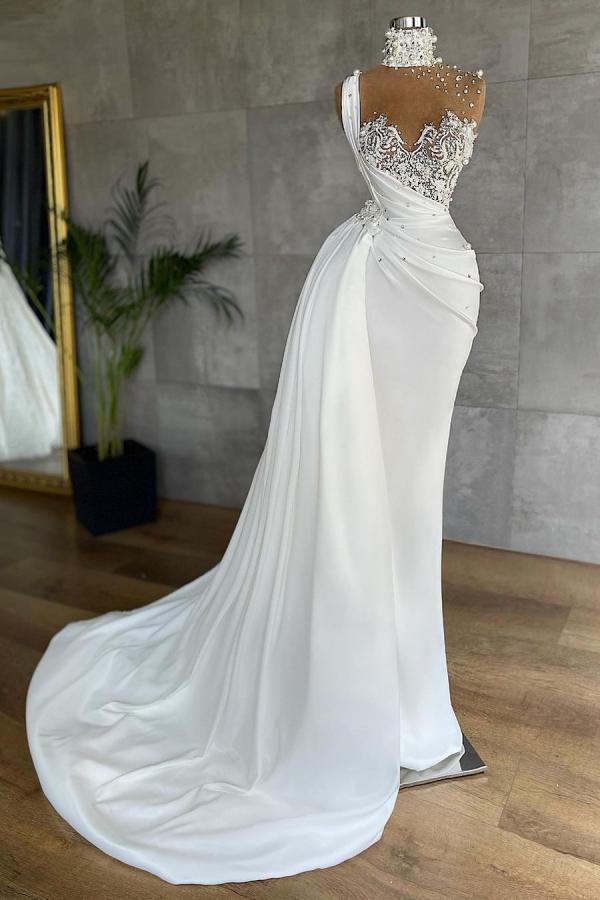 White Long Satin Sleeveless Beading Ruffles Mermaid Prom Dresses - YESBABYONLINE