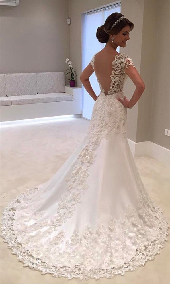 White Long Mermaid Sweetheart Appliques Lace Backless Wedding Dress - YESBABYONLINE
