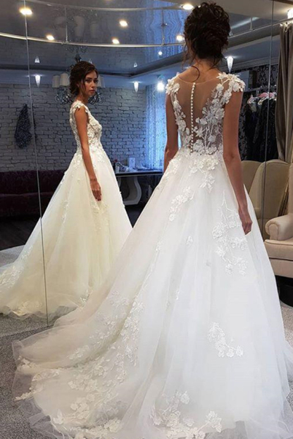 Elegant Long Tulle Sleeveless A Line Backless Wedding Dresses With Appliques Lace - YESBABYONLINE
