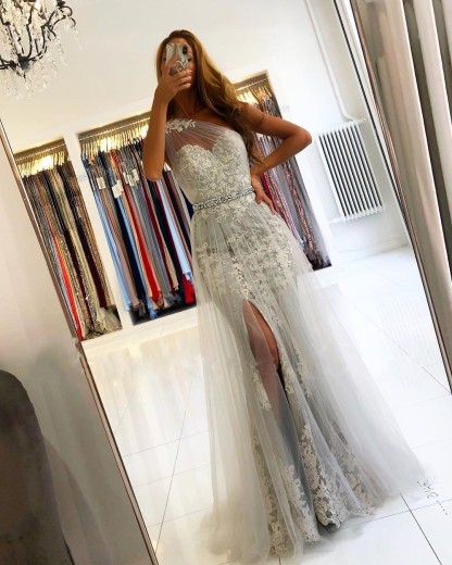 Unique Long One Shoulder  Tulle Train Mermaid Prom Dress with Side Split - YESBABYONLINE