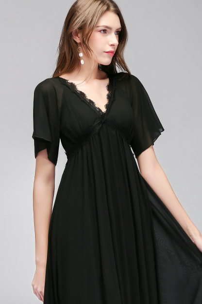 Long Black A-line V-Neck Floor-Length Chiffon Bridesmaid Dresses with Sleeves - YESBABYONLINE
