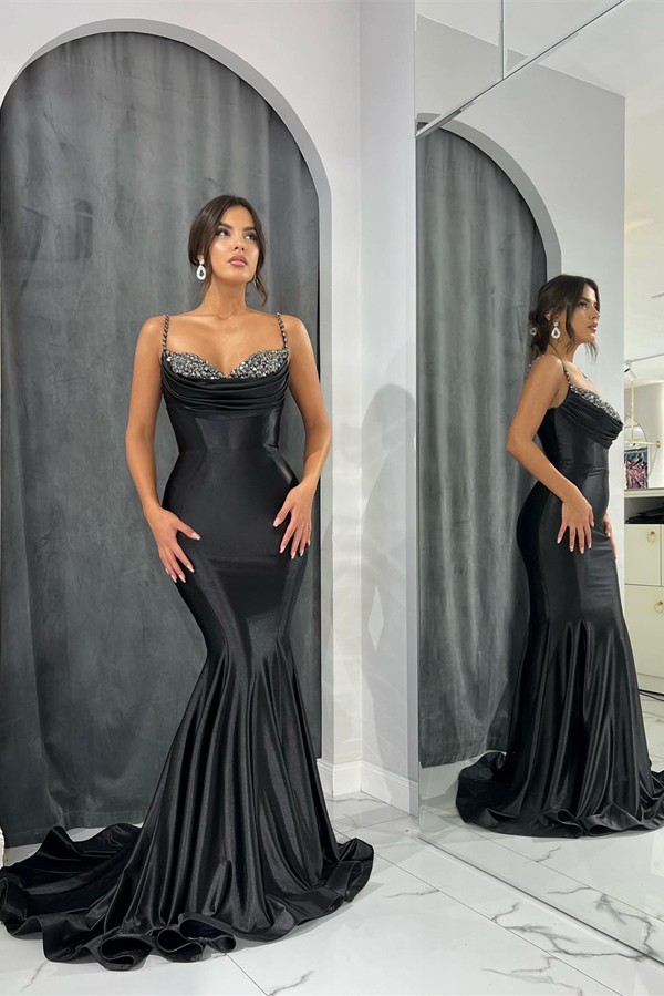Elegant Black Long Spaghetti Straps Satin Mermaid Prom Dress with Ruffles - YESBABYONLINE