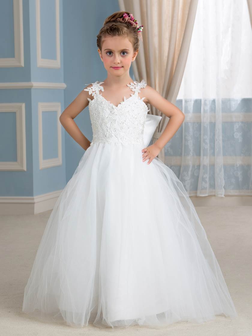 Long A-Line Tulle Lace Straps Sleeveless Bow Flower Girl Dress with Appliques - YESBABYONLINE