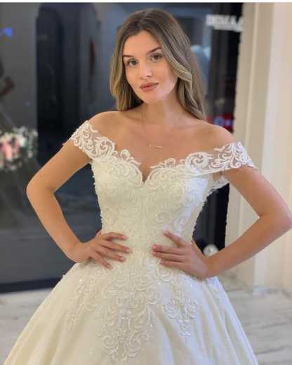 Long A-Line Off the Shoulder Appliques Lace Floor-length Wedding Dress - YESBABYONLINE