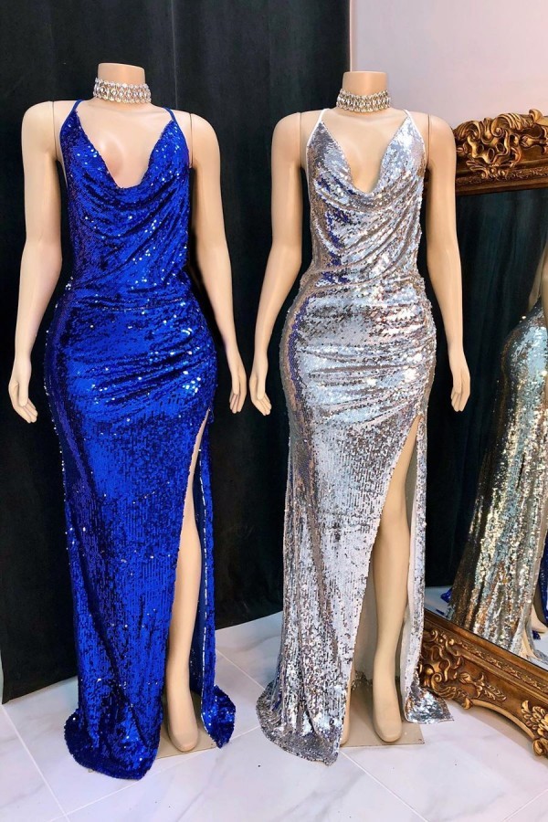 Long Mermaid V-neck Spaghetti Straps Sequined Prom Dresses with High Slit - YESBABYONLINE