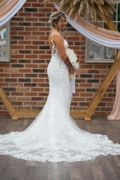 Spaghetti Straps Backless V-Neck Lace Mermaid Long Wedding Dress
