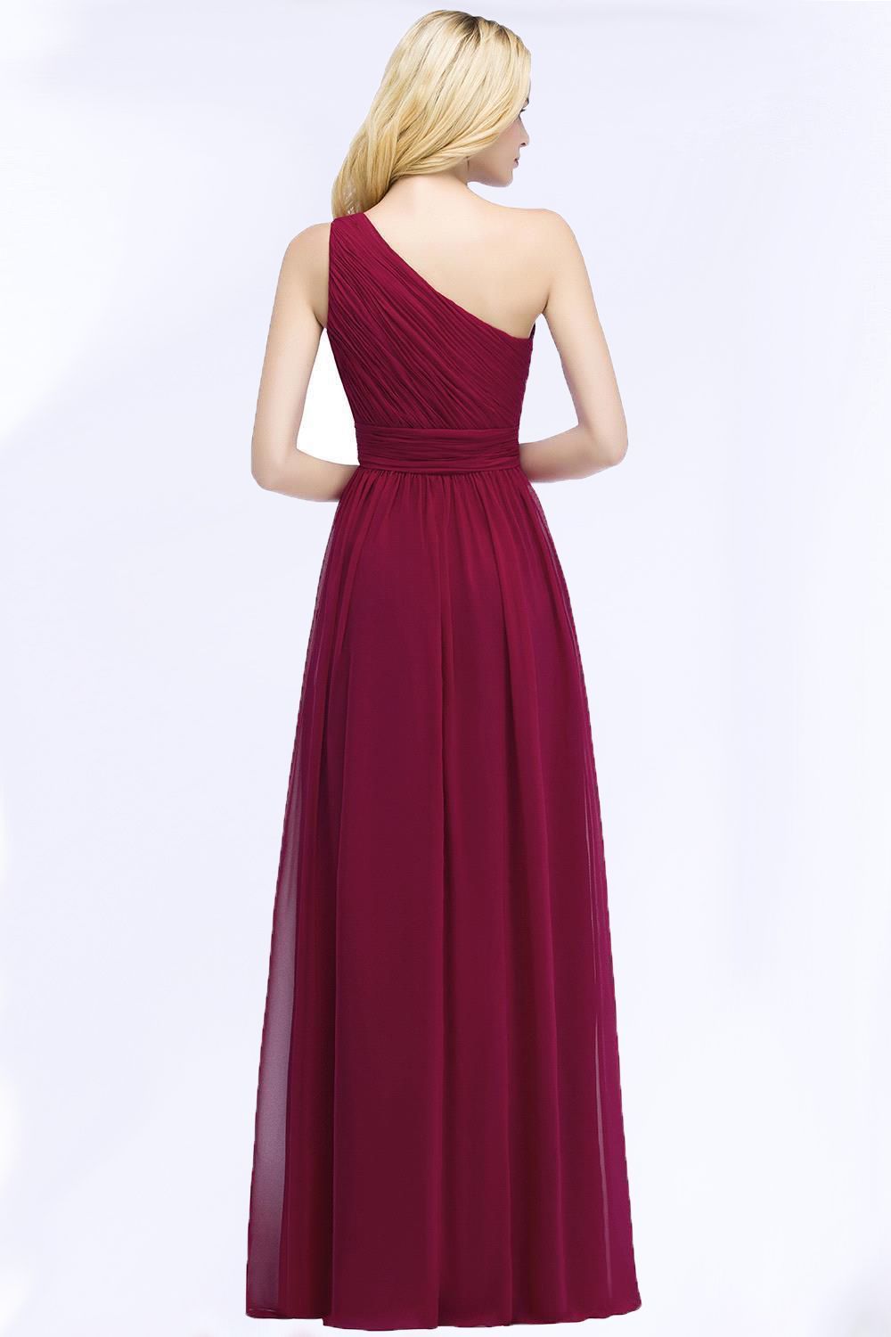 Burgundy Long A Line One Shoulder Chiffon Bridesmaid Dresses - YESBABYONLINE