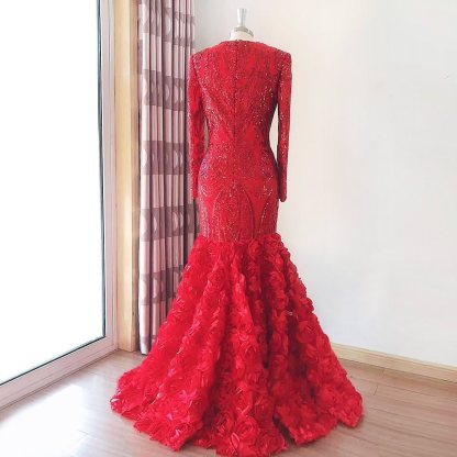 Elegant Red Long Mermaid V-neck Satin Prom Dress with 3D FLowers - YESBABYONLINE