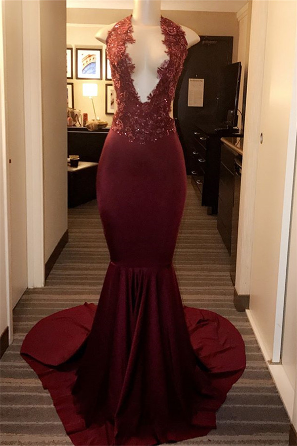 Burgundy Long Halter Appliques Lace Mermaid Prom Dresses - YESBABYONLINE