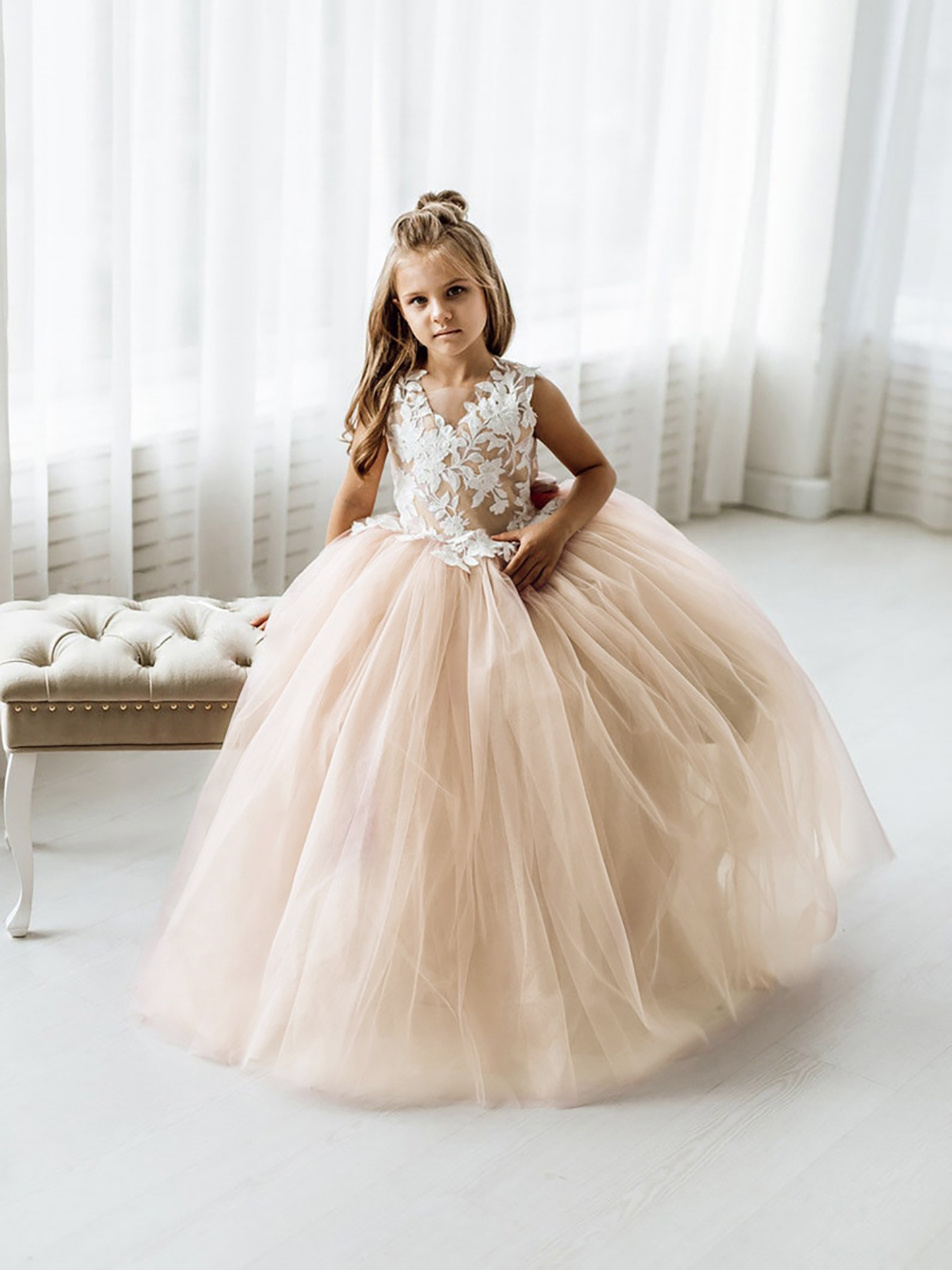 Cute Long Ball Gown Lace Sleeveless Tulle Flower Girl Dress with Bow - YESBABYONLINE